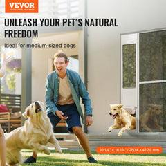 Medium-sized dog using an adjustable dog door installed in a sliding glass door.