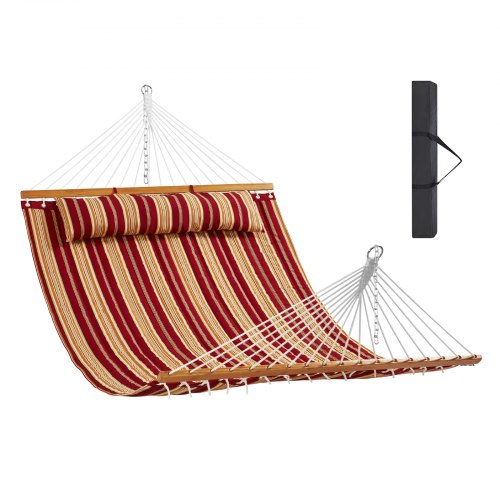 Bostome double quilted hammock with red orange stripe and hardwood spreader bar for two.