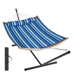 Bostome double hammock with a curved spreader bar and sturdy stand, designed for two people.