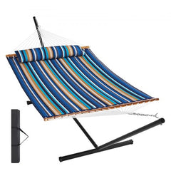 Blue striped two-person hammock with pillow and black 12ft steel stand and carrying bag.