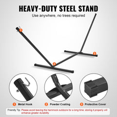 Black steel heavy-duty hammock stand with metal hook, powder coating, and protective cover details.
