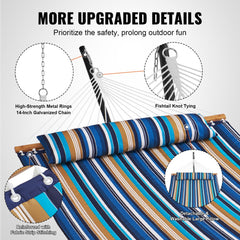 Two-person hammock with blue and orange striped fabric, hardwood spreader bars, galvanized chains, metal rings, and a 12-foot steel stand.