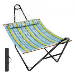 Bostome double quilted fabric hammock with a stand, featuring green stripes and bamboo spreader bars.