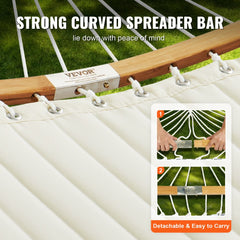 A 12-foot double quilted fabric hammock with curved wooden spreader bars and white netting.