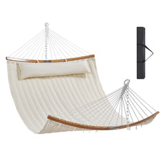 A 12-foot double quilted fabric hammock with curved wooden spreader bars and white ropes.