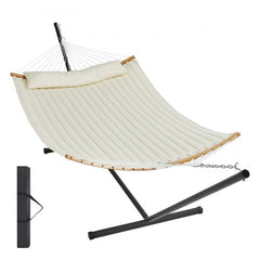 Bostome double quilted hammock with stand, spacious for two, featuring hardwood spreader bars.