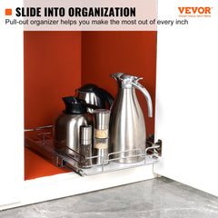 Chrome-plated steel pull-out cabinet organizer with a detachable tray and anti-slip pads.