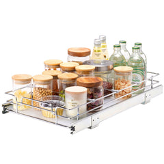 Chrome-plated steel pull-out cabinet organizer with detachable tray and anti-slip pads.