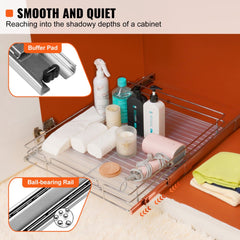 Chrome steel pull-out cabinet organizer with ball-bearing rails and buffer pads, holding toiletries.