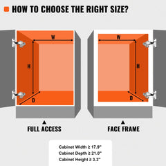 Diagram showing size measurements for full access and face frame cabinet installations of a pull-out organizer.