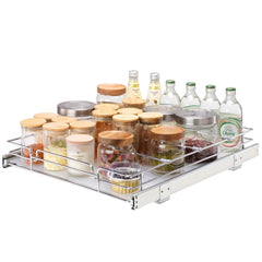 Chrome steel pull-out cabinet organizer, 17"W x 21"D, with wire tray holding jars and bottles.