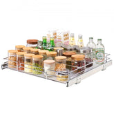 Chrome-plated steel pull-out cabinet organizer with detachable tray and smooth sliding system.