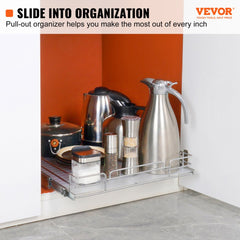 Chrome-plated steel pull-out cabinet organizer with a detachable tray and industrial-grade sliding system.