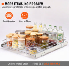Chrome-plated steel pull-out cabinet organizer with a detachable tray and smooth sliding system.