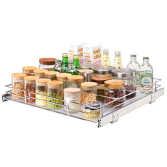Chrome-plated steel pull-out cabinet organizer with a detachable tray and sliding system.