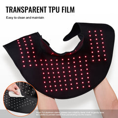Wearable red light therapy pad for neck and shoulder with dual wavelengths and customizable modes.