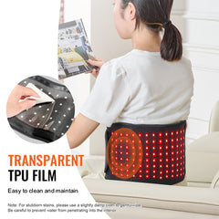 Red light therapy belt with 112 LEDs, adjustable modes, and portable design for pain relief.
