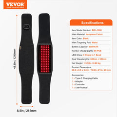 Black neoprene red light therapy belt with 80 red LEDs, 660nm and 850nm wavelengths, for waist and shoulder use.