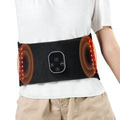 Black neoprene red light therapy belt worn around the waist, with control panel and red LED lights.