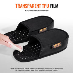 Black neoprene slippers with ventilation holes and Vevor label, shown with a hand cleaning one slipper
