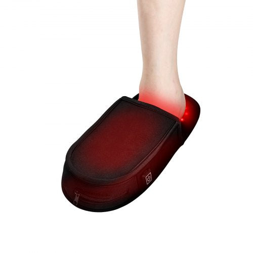 Red light therapy slipper for feet with glowing red LEDs on a person's foot.