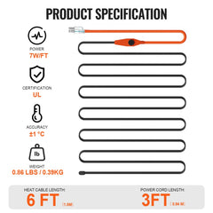 Bostome 6ft pipe heating cable with built-in thermostat for freeze protection.