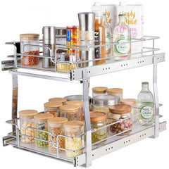 Two-tier pull-out cabinet organizer in chrome-plated steel with smooth sliding system.