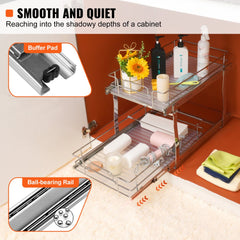 Chrome-plated steel 2-tier pull-out cabinet organizer with smooth sliding system and detachable trays.