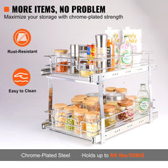 Chrome-plated steel 2-tier pull-out cabinet organizer with smooth sliding system.