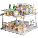 Bostome 2-Tier Pull Out Cabinet Organizer in chrome-plated steel with smooth sliding system.
