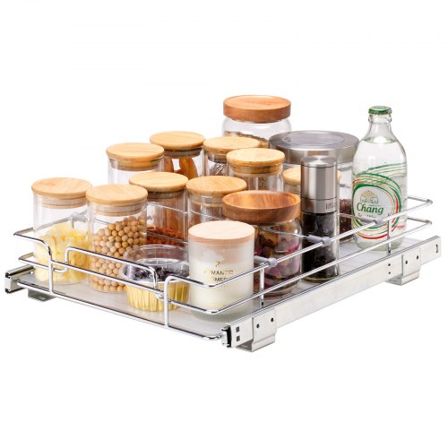 Chrome steel pull-out cabinet organizer, 12"W x 17"D, with jars and spices on wire shelves.