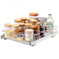 Chrome steel pull-out cabinet organizer, 12"W x 17"D, with jars and spices on wire shelves.