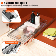Chrome steel pull-out cabinet organizer, 12 inches wide by 17 inches deep, with ball-bearing slides and buffer pad.