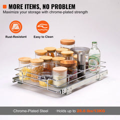 Chrome steel pull-out cabinet organizer, 12 inches wide by 17 inches deep, holding glass jars and bottles.