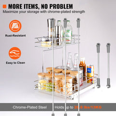 Chrome-plated steel 2-tier pull out cabinet organizer with smooth sliding system and detachable trays.