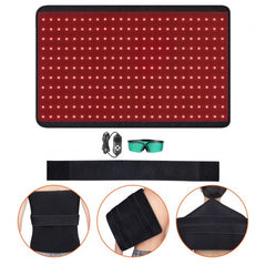 Red light therapy pad with 264 LEDs for pain relief, featuring adjustable settings and flexible design.