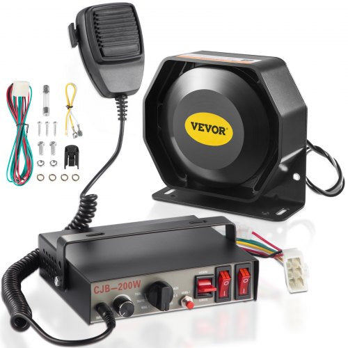 Bostome 200W 9-tone car warning siren with handheld mic, speaker, and wiring.