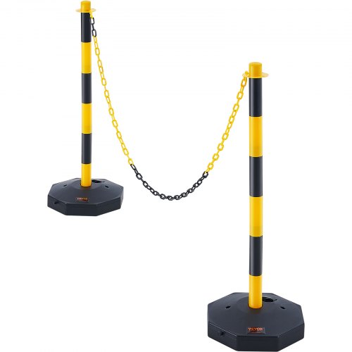 Two yellow and black adjustable traffic posts connected by a yellow and black chain with weighted bases.