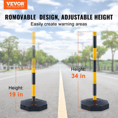 Yellow and black adjustable traffic delineator posts, 34 inches tall, with weighted bases on a road.