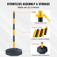 Four yellow and black adjustable traffic delineator posts with fillable bases, chains, and caps.