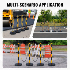 Four yellow and black adjustable traffic delineator posts with chains, shown in construction, parking, and outdoor setups.