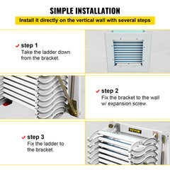 White Al-Mg alloy pull-down attic ladder with 12 anti-slip steps and ergonomic handrails.