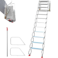 Bostome 12-step white Al-Mg alloy pull-down attic ladder with anti-slip treads and handrails.