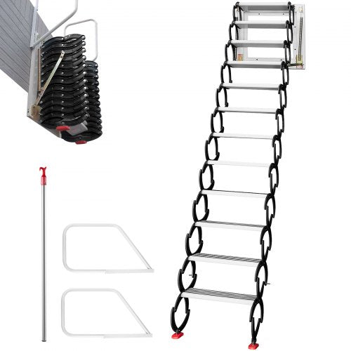 Bostome 12-step black alloy pull-down attic ladder, 9.8 ft tall, with handrails and pull rod.
