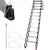 Bostome 12-step black alloy pull-down attic ladder, 9.8 ft tall, with handrails and pull rod.