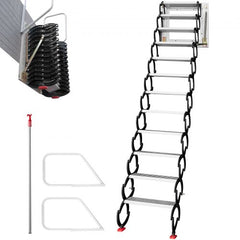 Bostome 12-step black alloy pull-down attic ladder, 9.8 ft tall, with handrails and pull rod.