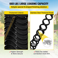 Black 12-step alloy pull-down attic ladder with 9.8 ft height and 660 lbs capacity.