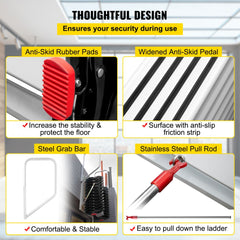An attic ladder with anti-skid pads, widened anti-skid pedals, a steel grab bar, and a pull rod.