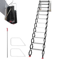 12-step black alloy pull-down attic ladder, 9.8 ft extended, with handrails and pull rod.