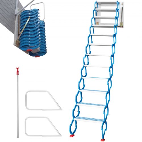 Blue alloy pull-down attic ladder with 12 steps, 9.8 ft reach, and handrails.